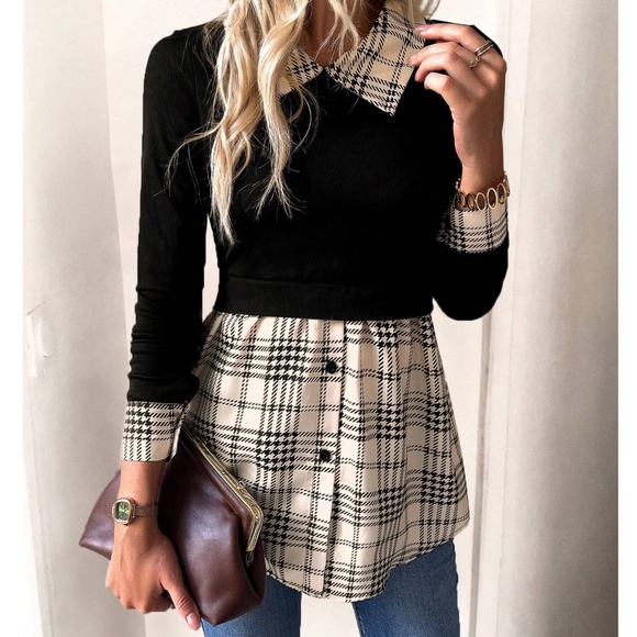 Tops - Classic Houndstooth Print Shirt Collar Flared hem Top